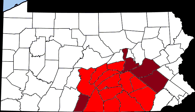 Counties of the South Central Region of PA. 