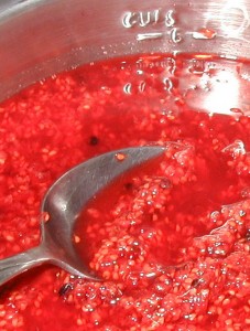 Five cups of crushed wineberries for making jam. The berries seemed very watery and quite seedy.