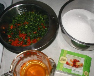 Ingredients prepared for making hot pepper jam.