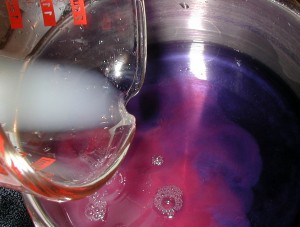 Lemon juice added to the violet juice turned the deep blue color to pink.